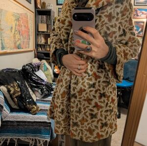 Vintage Floral Pattern Wool Coat in Beige, Olive & Rust